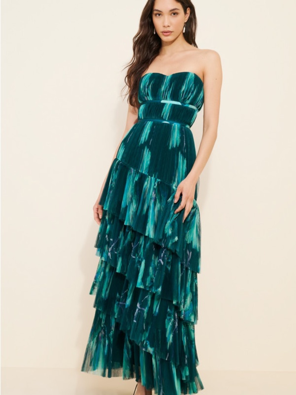 Hutch Strapless Teal Tiered Maxi Dress